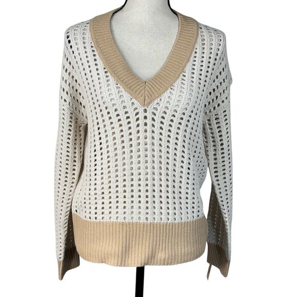 Frye and Co Small Sweater V-Neck Open Knit Pullover Long Sleeve Stretch Oatmeal - Picture 1 of 7
